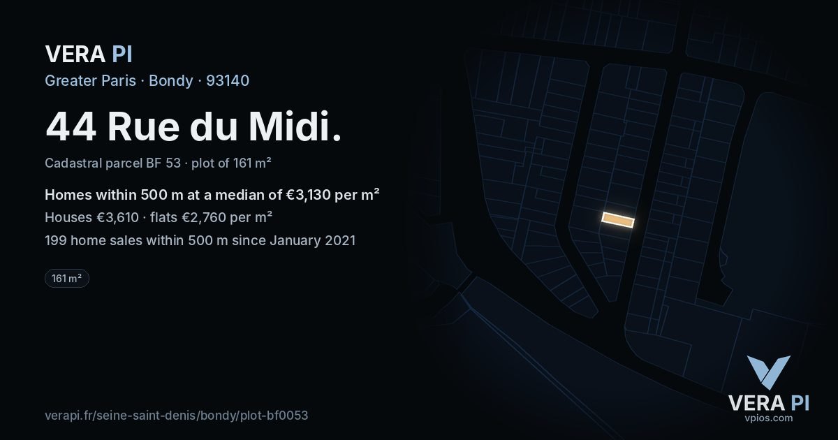 44 Rue du Midi, Bondy at night – the plot lit, the parcels around coloured by the prices near them