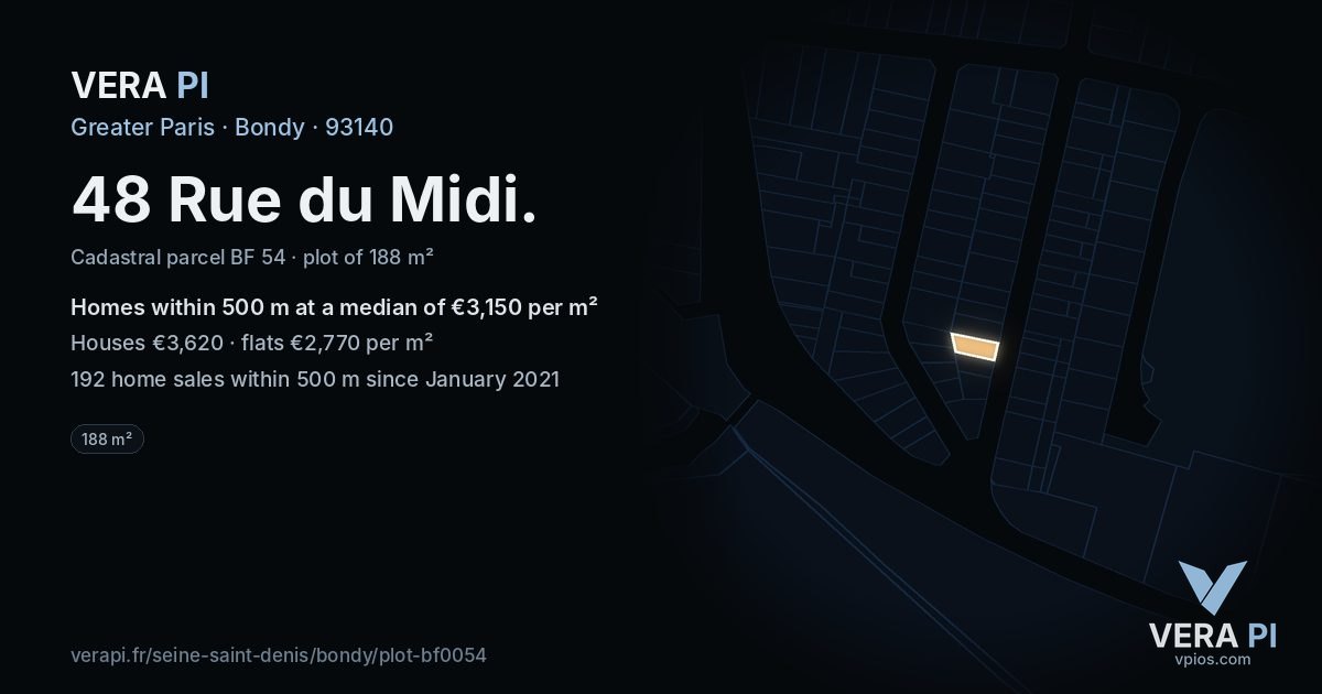 48 Rue du Midi, Bondy at night – the plot lit, the parcels around coloured by the prices near them