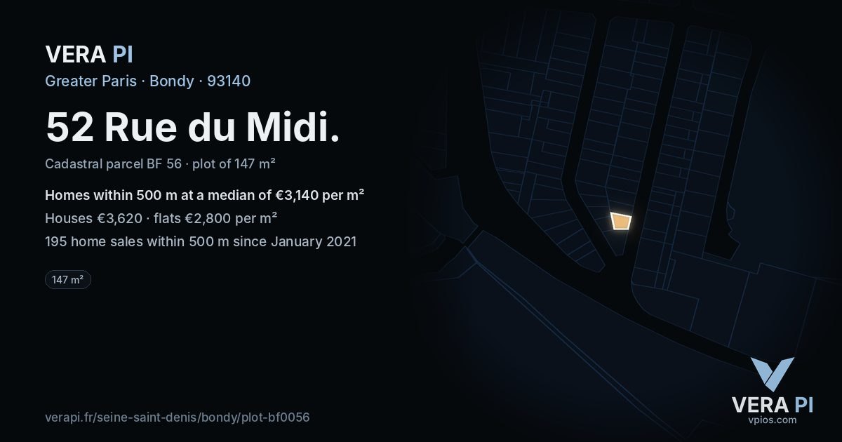 52 Rue du Midi, Bondy at night – the plot lit, the parcels around coloured by the prices near them