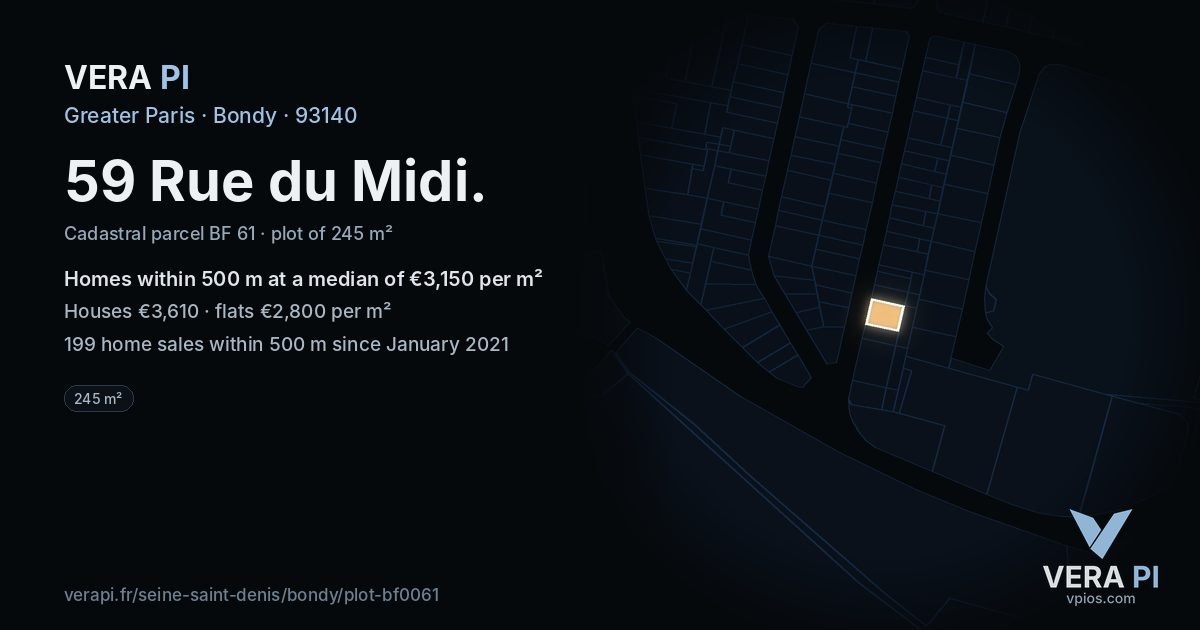 59 Rue du Midi, Bondy at night – the plot lit, the parcels around coloured by the prices near them