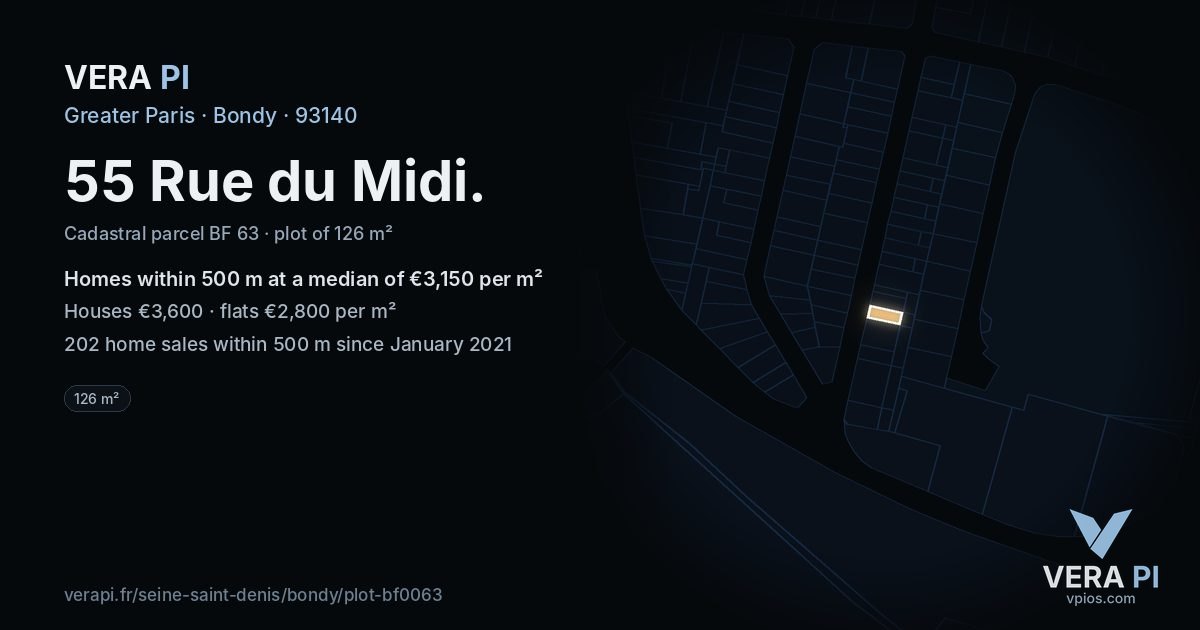 55 Rue du Midi, Bondy at night – the plot lit, the parcels around coloured by the prices near them