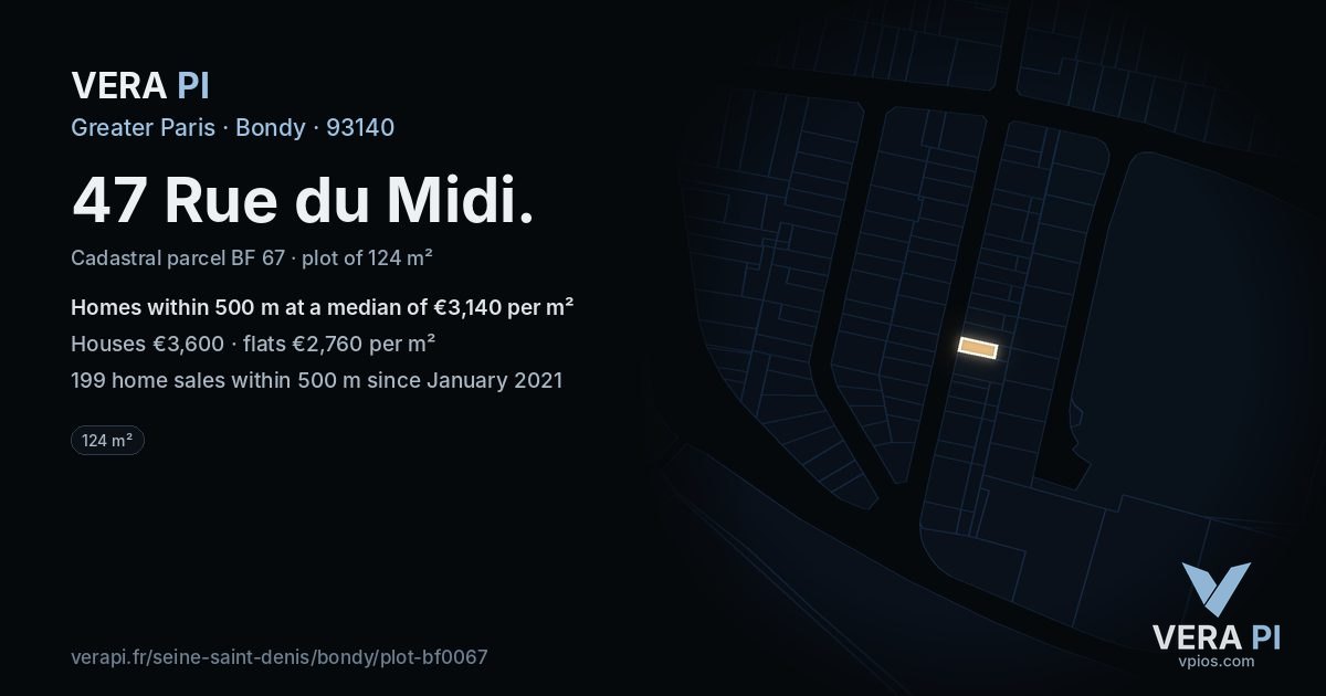 47 Rue du Midi, Bondy at night – the plot lit, the parcels around coloured by the prices near them