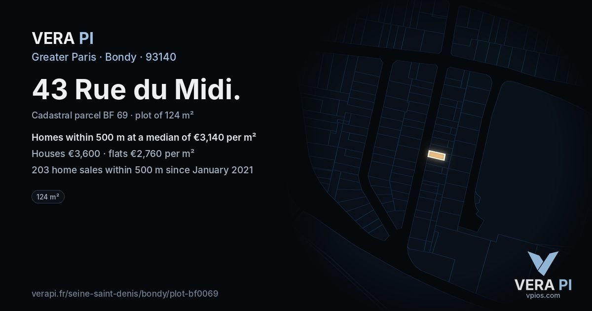 43 Rue du Midi, Bondy at night – the plot lit, the parcels around coloured by the prices near them