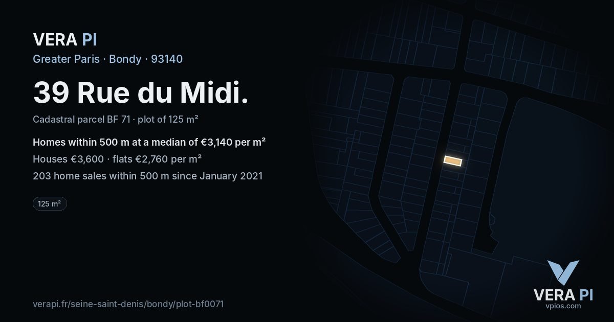 39 Rue du Midi, Bondy at night – the plot lit, the parcels around coloured by the prices near them