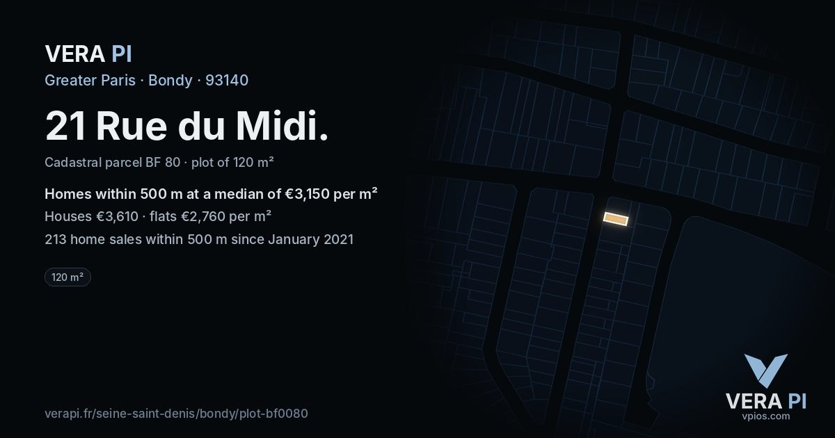 21 Rue du Midi, Bondy at night – the plot lit, the parcels around coloured by the prices near them