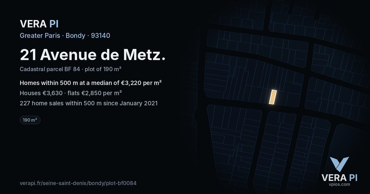21 Avenue de Metz, Bondy at night – the plot lit, the parcels around coloured by the prices near them