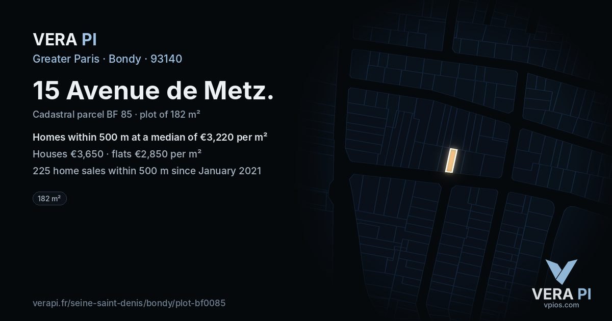 15 Avenue de Metz, Bondy at night – the plot lit, the parcels around coloured by the prices near them