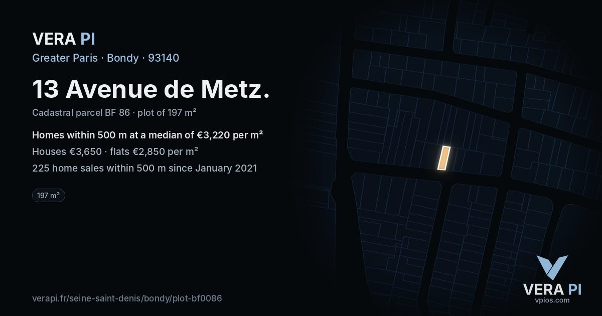 13 Avenue de Metz, Bondy at night – the plot lit, the parcels around coloured by the prices near them