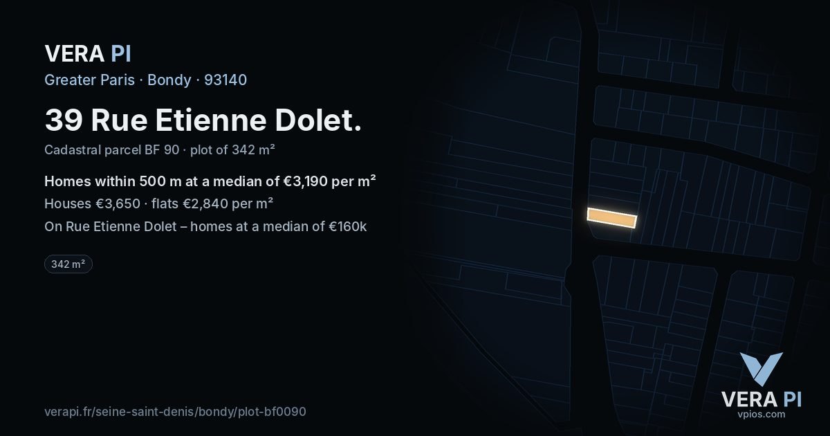 39 Rue Etienne Dolet, Bondy at night – the plot lit, the parcels around coloured by the prices near them