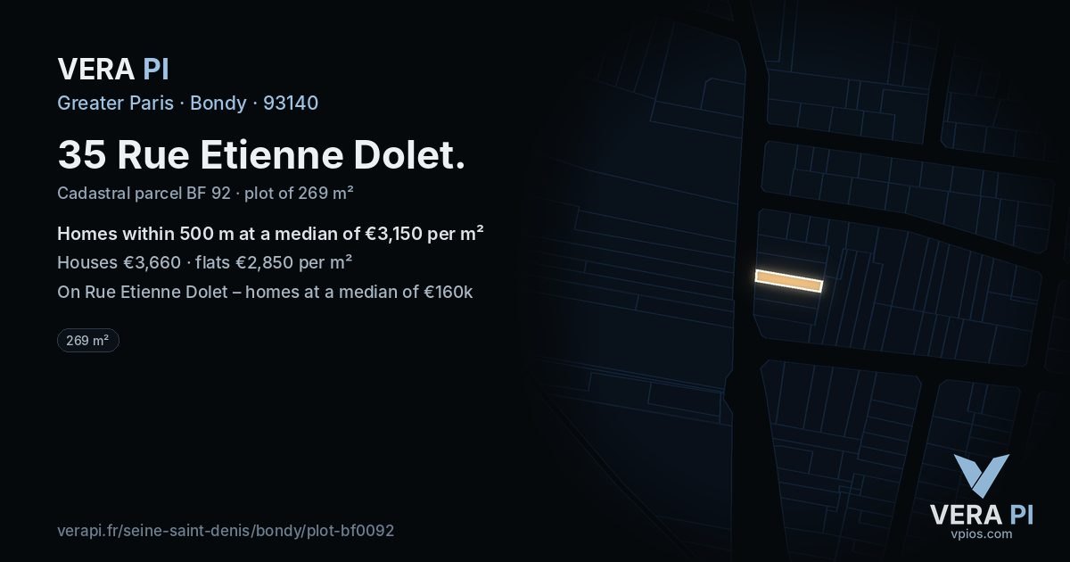 35 Rue Etienne Dolet, Bondy at night – the plot lit, the parcels around coloured by the prices near them