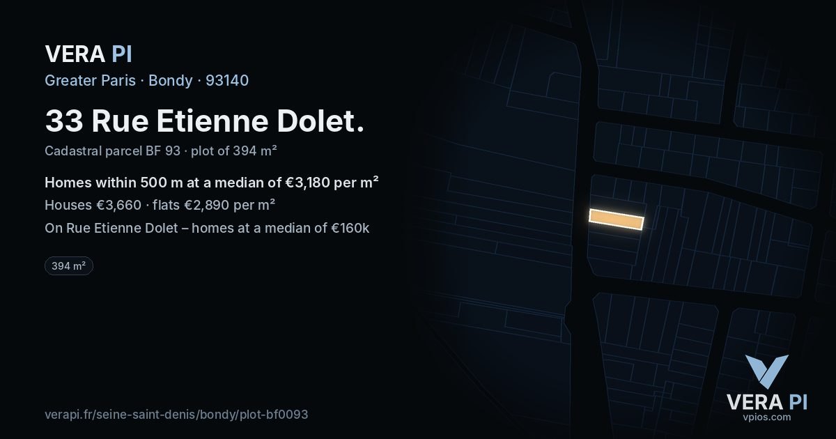 33 Rue Etienne Dolet, Bondy at night – the plot lit, the parcels around coloured by the prices near them