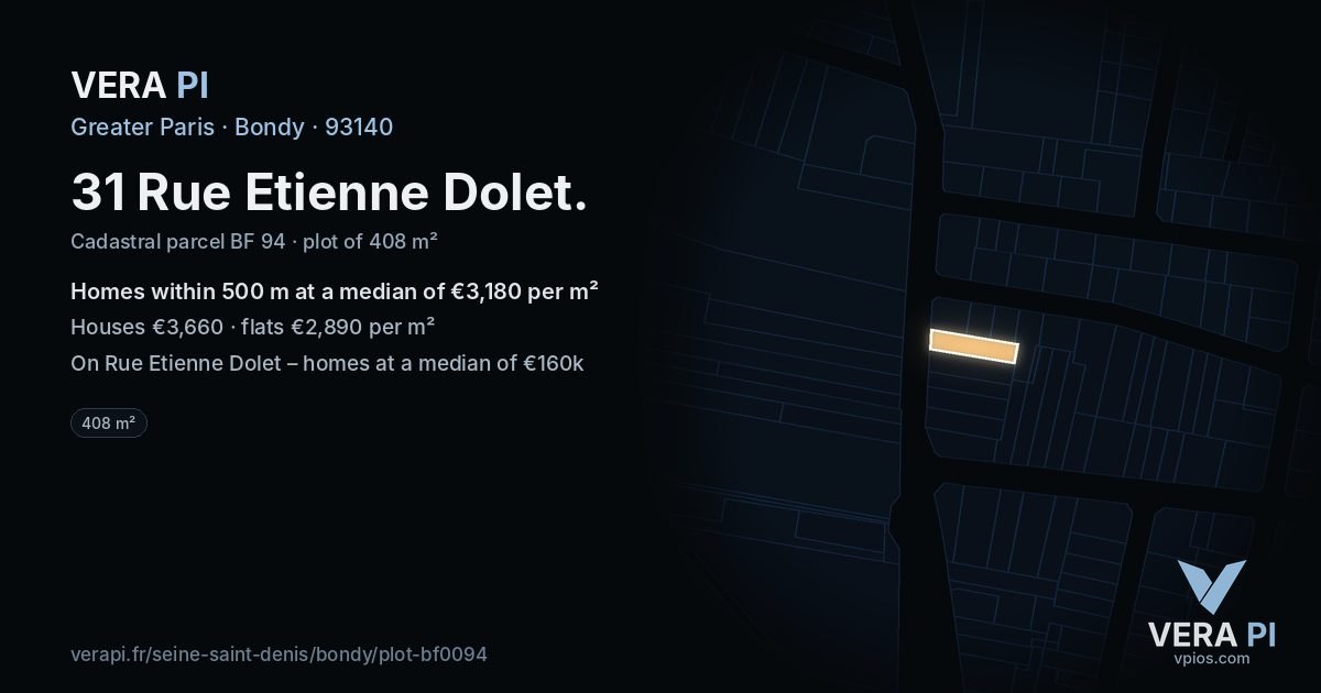 31 Rue Etienne Dolet, Bondy at night – the plot lit, the parcels around coloured by the prices near them