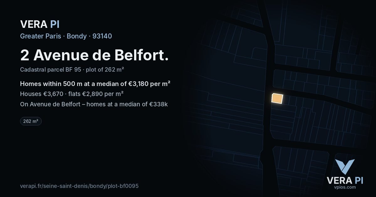 2 Avenue de Belfort, Bondy at night – the plot lit, the parcels around coloured by the prices near them