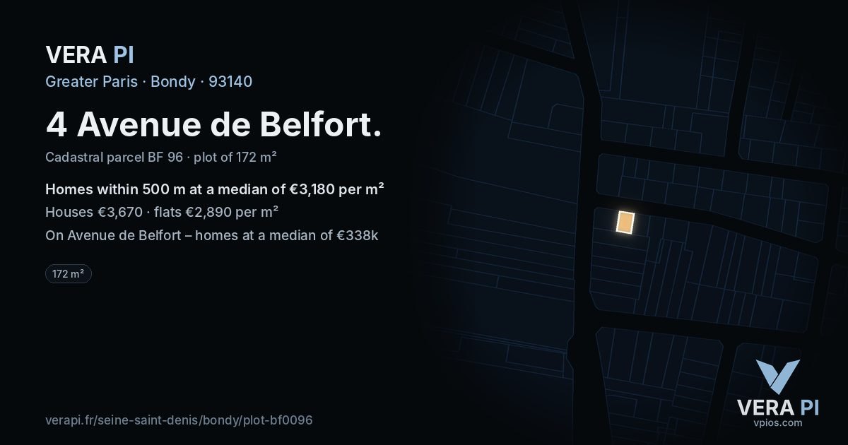 4 Avenue de Belfort, Bondy at night – the plot lit, the parcels around coloured by the prices near them