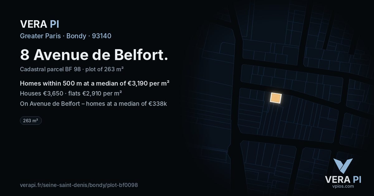 8 Avenue de Belfort, Bondy at night – the plot lit, the parcels around coloured by the prices near them