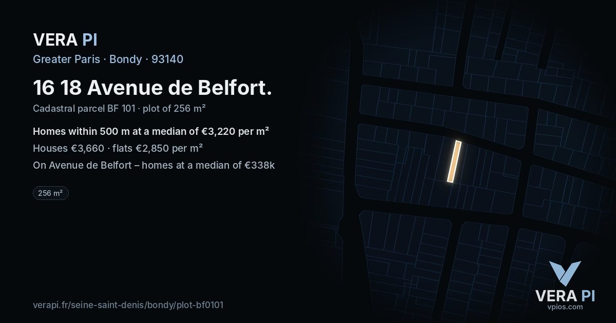 16 18 Avenue de Belfort, Bondy at night – the plot lit, the parcels around coloured by the prices near them