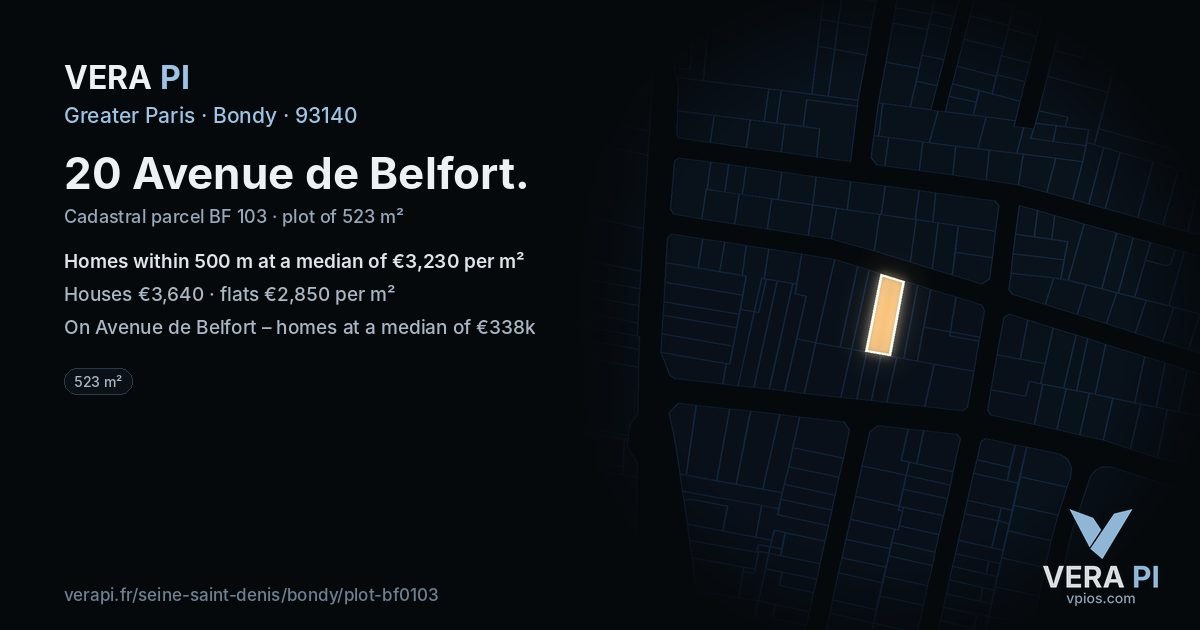 20 Avenue de Belfort, Bondy at night – the plot lit, the parcels around coloured by the prices near them