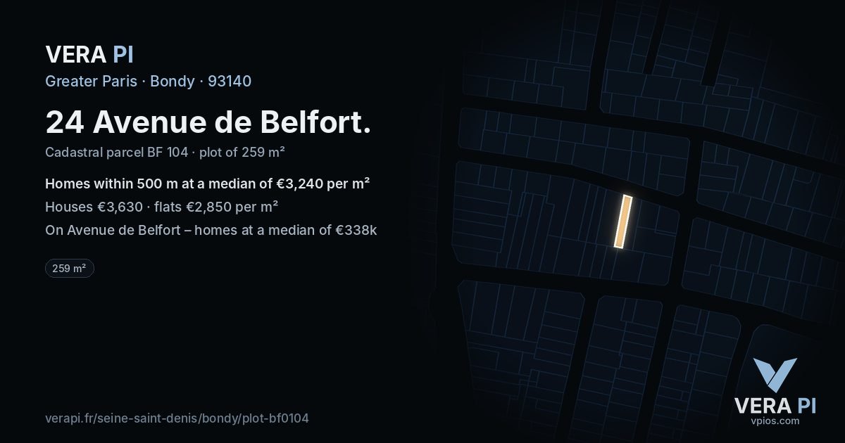 24 Avenue de Belfort, Bondy at night – the plot lit, the parcels around coloured by the prices near them