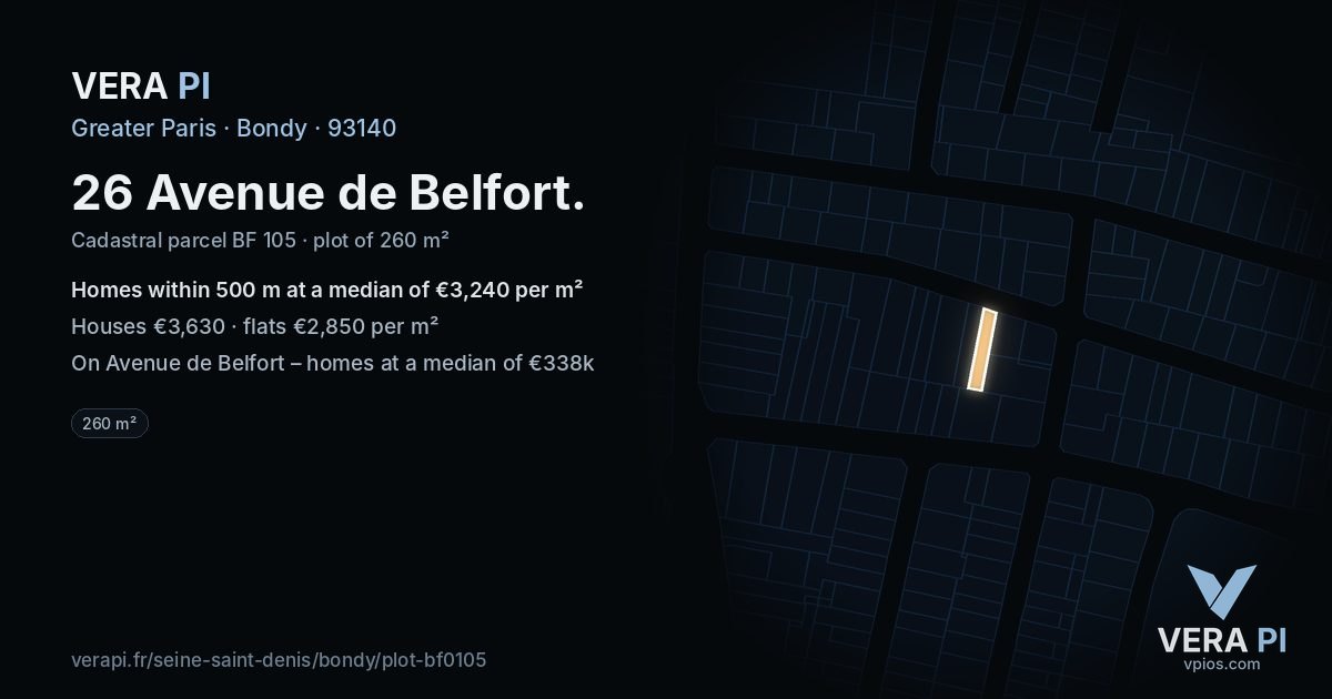 26 Avenue de Belfort, Bondy at night – the plot lit, the parcels around coloured by the prices near them