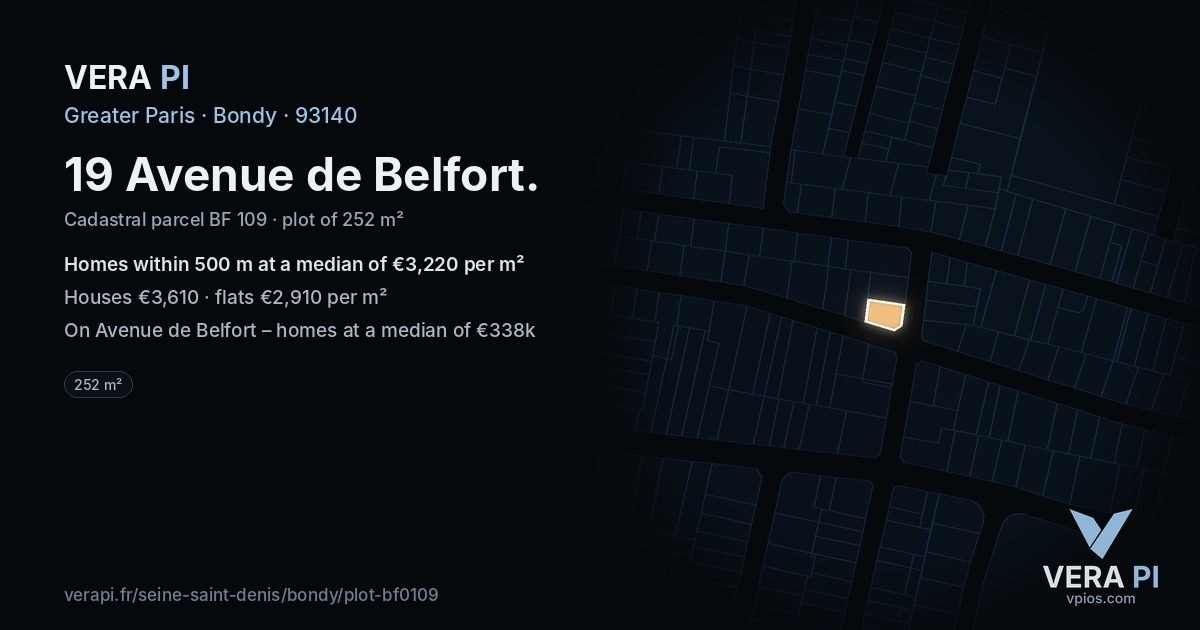 19 Avenue de Belfort, Bondy at night – the plot lit, the parcels around coloured by the prices near them