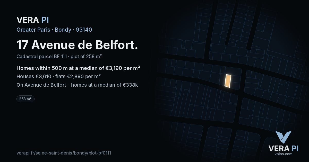 17 Avenue de Belfort, Bondy at night – the plot lit, the parcels around coloured by the prices near them