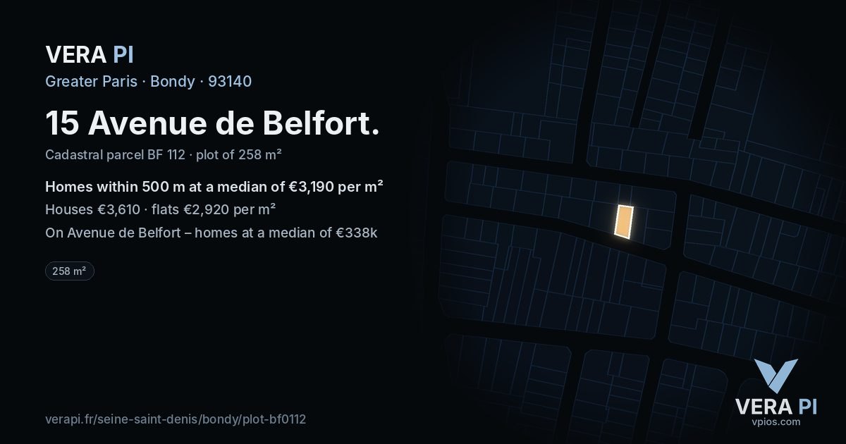 15 Avenue de Belfort, Bondy at night – the plot lit, the parcels around coloured by the prices near them