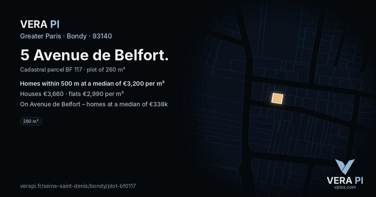 5 Avenue de Belfort, Bondy at night – the plot lit, the parcels around coloured by the prices near them
