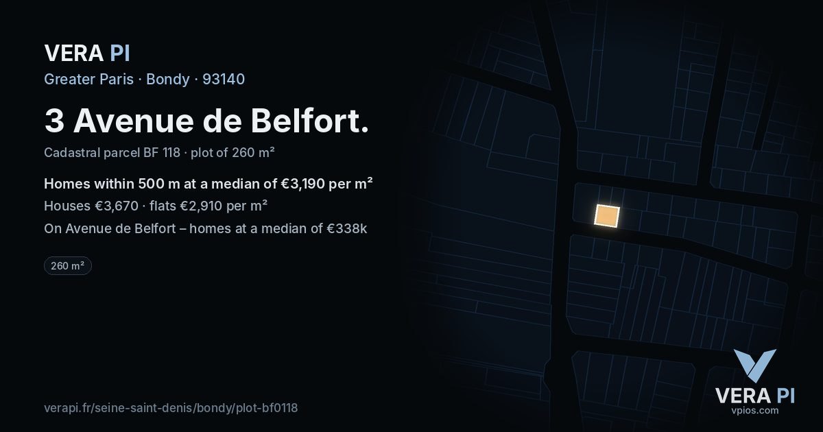 3 Avenue de Belfort, Bondy at night – the plot lit, the parcels around coloured by the prices near them