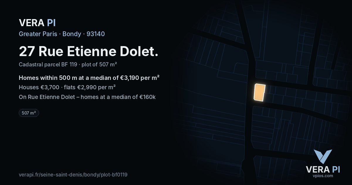 27 Rue Etienne Dolet, Bondy at night – the plot lit, the parcels around coloured by the prices near them