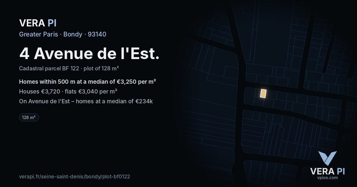4 Avenue de l'Est, Bondy at night – the plot lit, the parcels around coloured by the prices near them