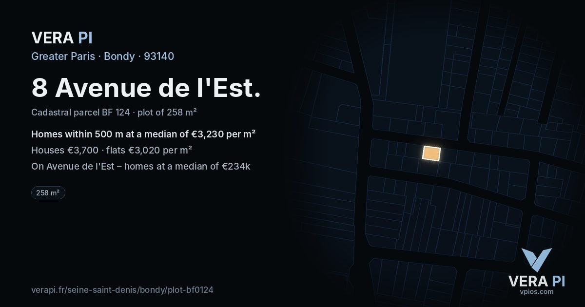8 Avenue de l'Est, Bondy at night – the plot lit, the parcels around coloured by the prices near them