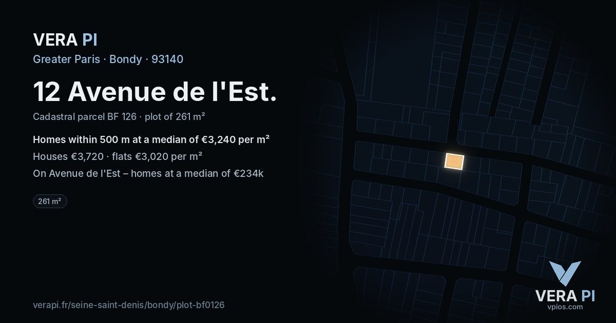 12 Avenue de l'Est, Bondy at night – the plot lit, the parcels around coloured by the prices near them