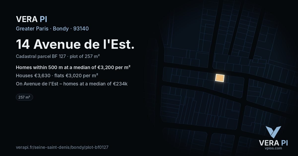 14 Avenue de l'Est, Bondy at night – the plot lit, the parcels around coloured by the prices near them