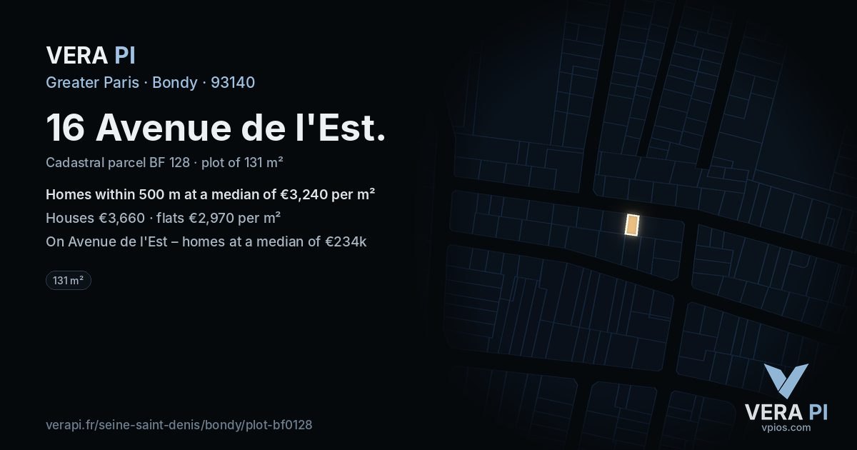 16 Avenue de l'Est, Bondy at night – the plot lit, the parcels around coloured by the prices near them