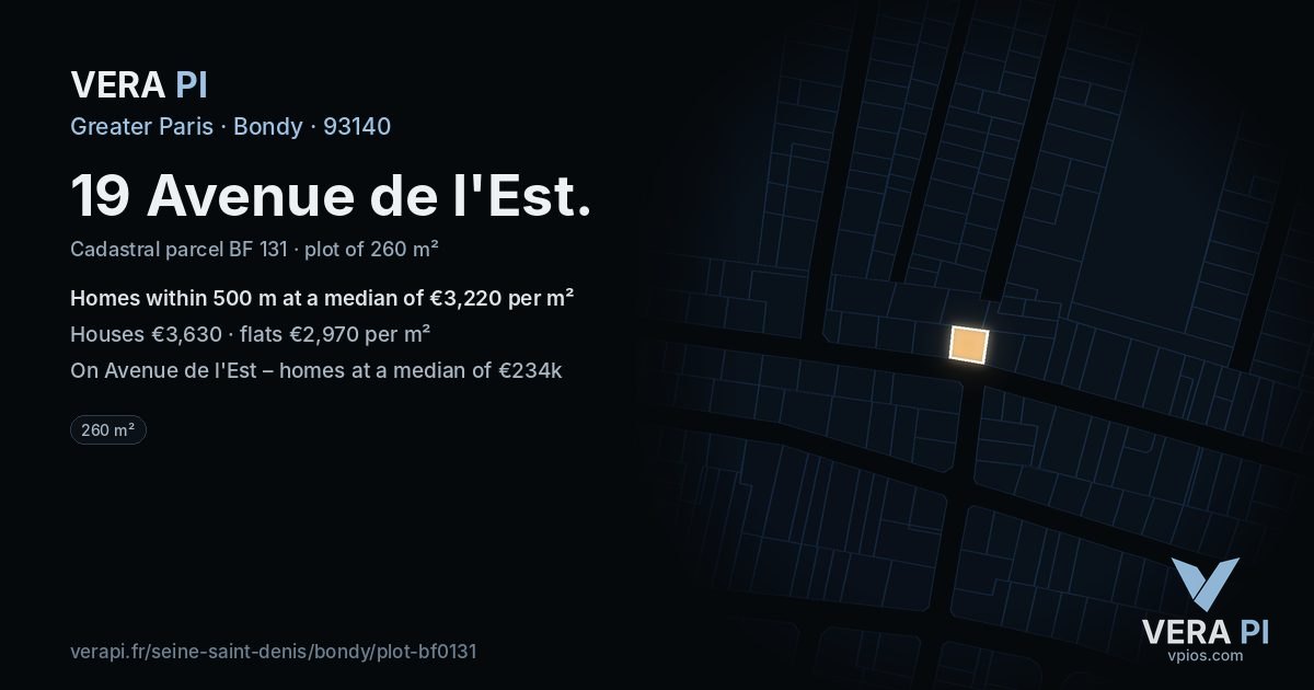 19 Avenue de l'Est, Bondy at night – the plot lit, the parcels around coloured by the prices near them