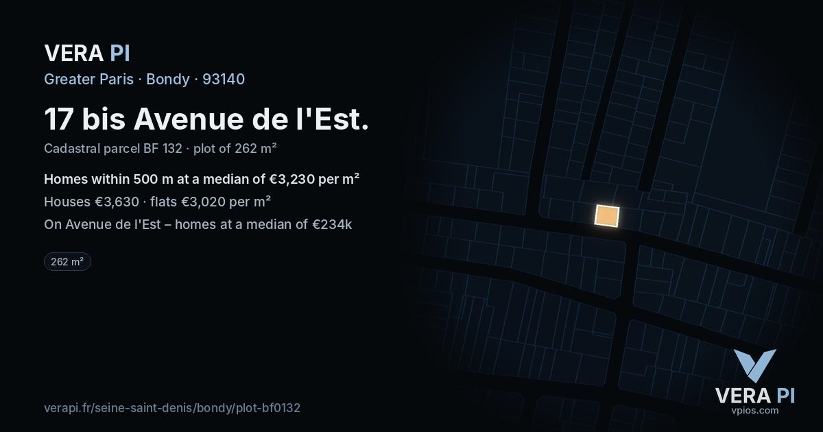 17 bis Avenue de l'Est, Bondy at night – the plot lit, the parcels around coloured by the prices near them