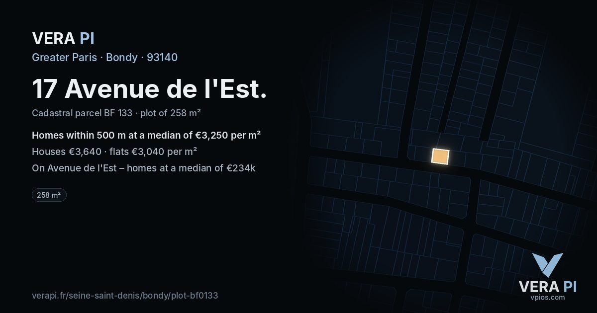 17 Avenue de l'Est, Bondy at night – the plot lit, the parcels around coloured by the prices near them