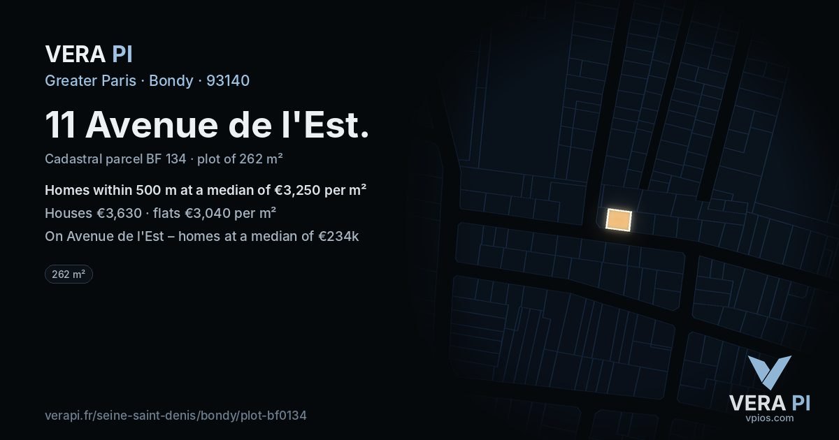11 Avenue de l'Est, Bondy at night – the plot lit, the parcels around coloured by the prices near them