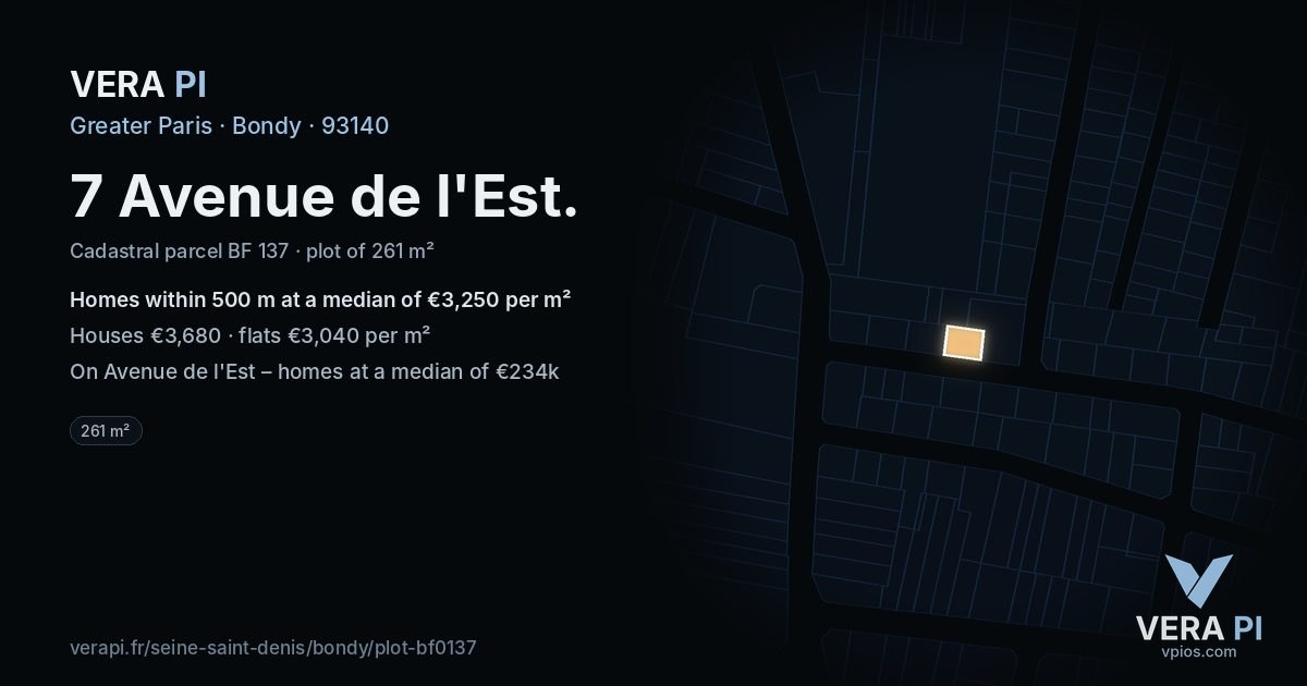 7 Avenue de l'Est, Bondy at night – the plot lit, the parcels around coloured by the prices near them