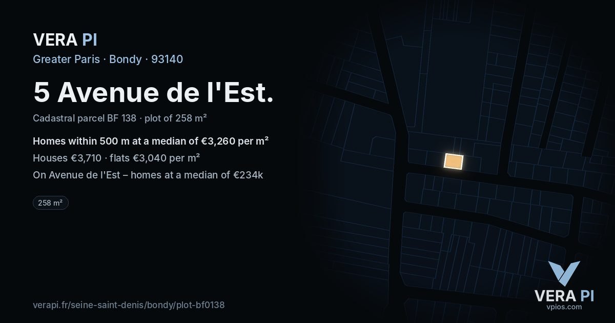 5 Avenue de l'Est, Bondy at night – the plot lit, the parcels around coloured by the prices near them