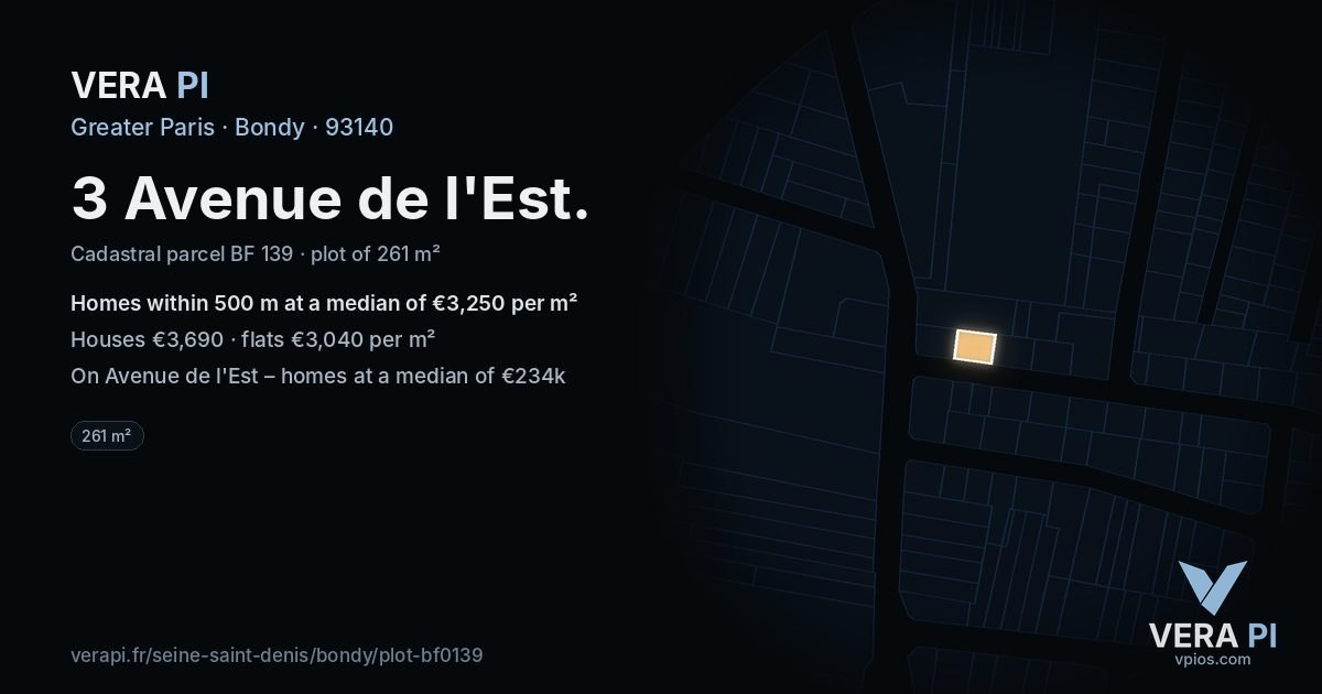 3 Avenue de l'Est, Bondy at night – the plot lit, the parcels around coloured by the prices near them