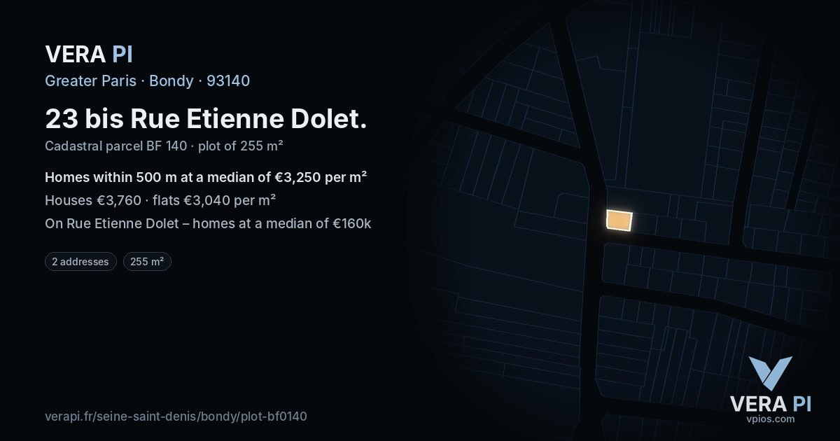 23 bis Rue Etienne Dolet, Bondy at night – the plot lit, the parcels around coloured by the prices near them