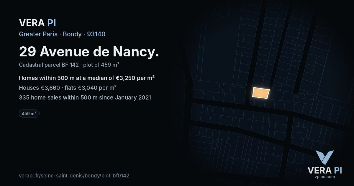 29 Avenue de Nancy, Bondy at night – the plot lit, the parcels around coloured by the prices near them