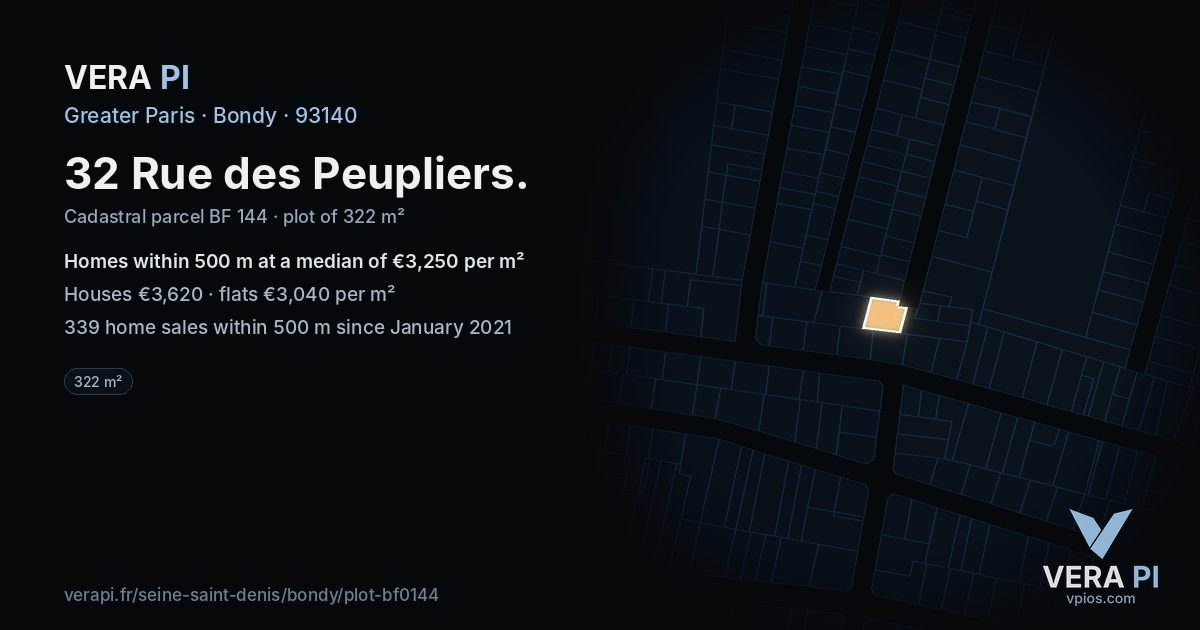 32 Rue des Peupliers, Bondy at night – the plot lit, the parcels around coloured by the prices near them