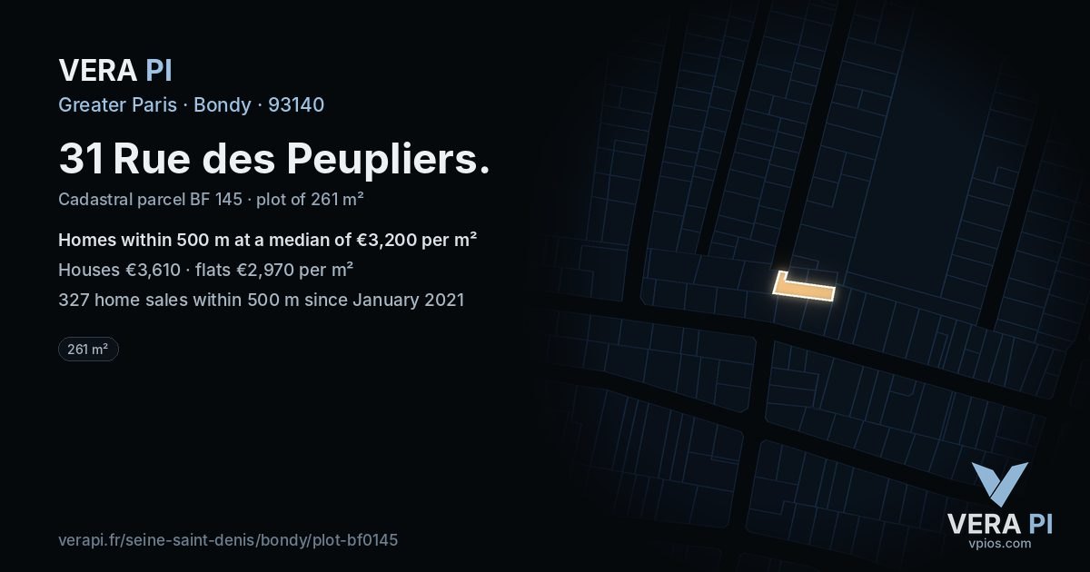31 Rue des Peupliers, Bondy at night – the plot lit, the parcels around coloured by the prices near them