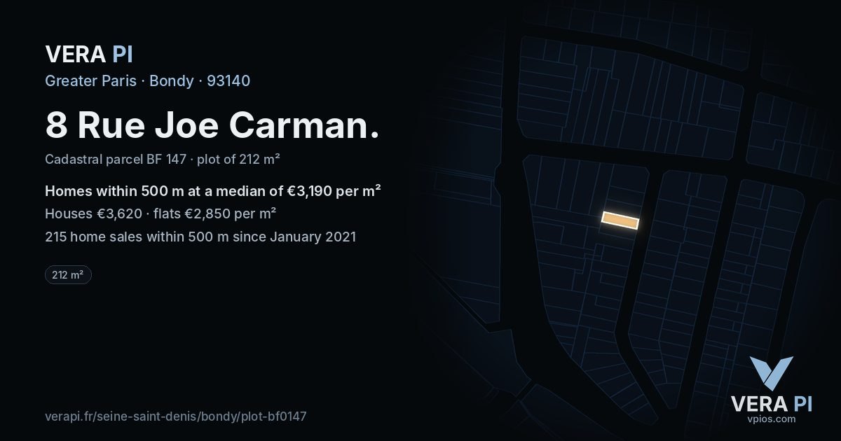 8 Rue Joe Carman, Bondy at night – the plot lit, the parcels around coloured by the prices near them
