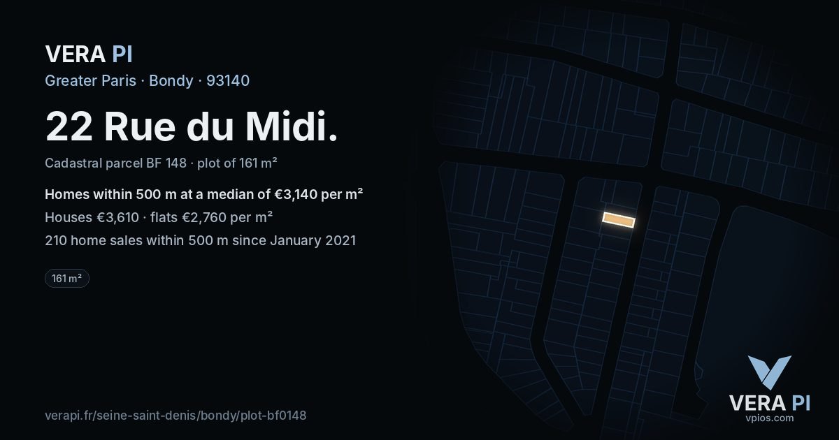 22 Rue du Midi, Bondy at night – the plot lit, the parcels around coloured by the prices near them