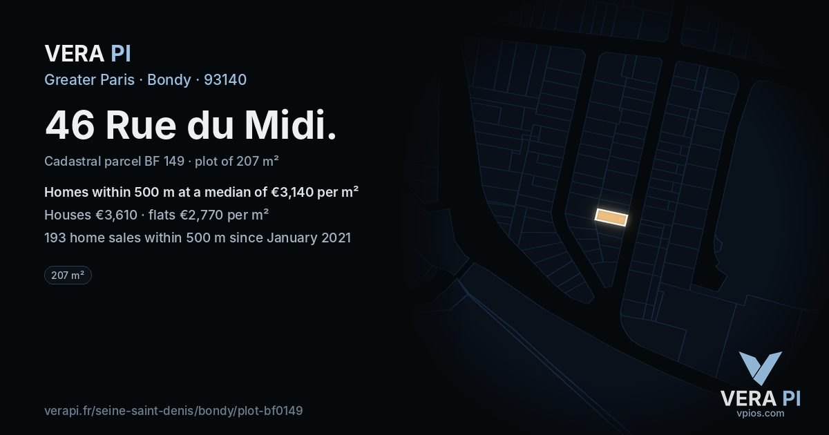 46 Rue du Midi, Bondy at night – the plot lit, the parcels around coloured by the prices near them