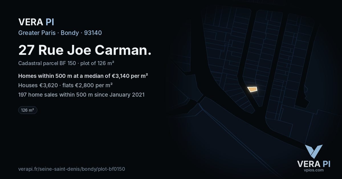 27 Rue Joe Carman, Bondy at night – the plot lit, the parcels around coloured by the prices near them
