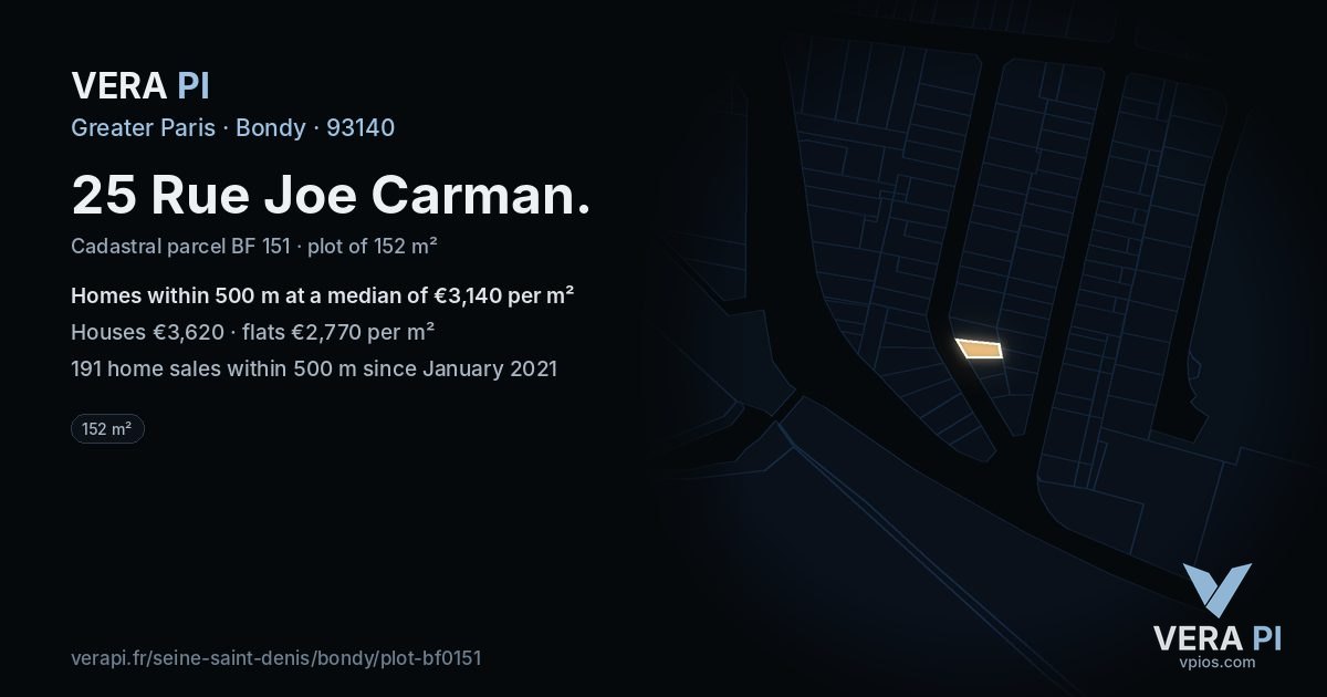 25 Rue Joe Carman, Bondy at night – the plot lit, the parcels around coloured by the prices near them